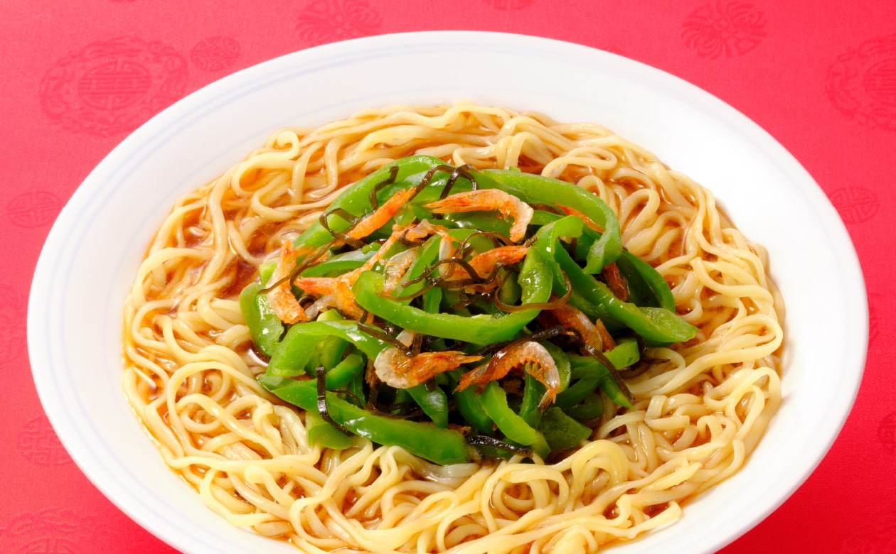 桜エビとピーマンのヘルシー冷製塩昆布和え麺