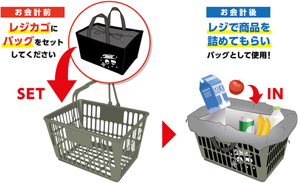 【お会計前】レジカゴにバッグをセットしてください【お会計後】レジで商品を詰めてもらいバッグとして使用!